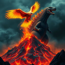 Godzilla roars atop a towering, smoking volcano, its fierce expression highlighted against a backdrop of an intense, fiery landscape