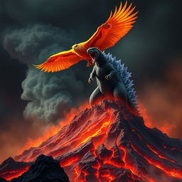 Godzilla roars atop a towering, smoking volcano, its fierce expression highlighted against a backdrop of an intense, fiery landscape