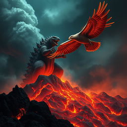 Godzilla roars atop a towering, smoking volcano, its fierce expression highlighted against a backdrop of an intense, fiery landscape