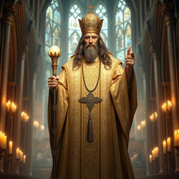 A majestic High Priest of the Church of the Light, dressed in ornate, flowing robes adorned with intricate golden embroidery and celestial symbols