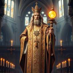 A majestic High Priest of the Church of the Light, dressed in ornate, flowing robes adorned with intricate golden embroidery and celestial symbols