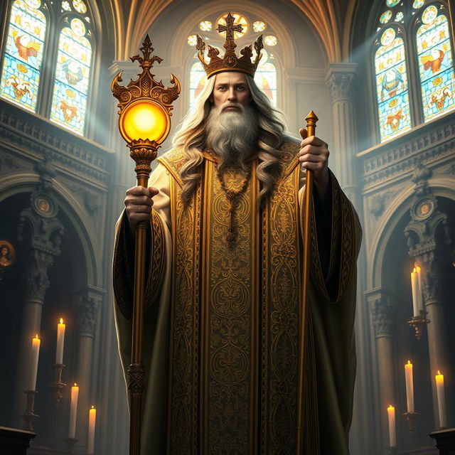 A majestic High Priest of the Church of the Light, dressed in ornate, flowing robes adorned with intricate golden embroidery and celestial symbols