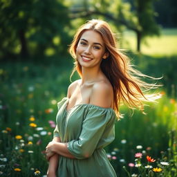 A confident and beautiful young woman standing in a lush green meadow surrounded by wildflowers, her clothes softly flowing in the wind, casting a serene and peaceful atmosphere