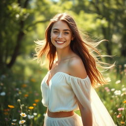 A confident and beautiful young woman standing in a lush green meadow surrounded by wildflowers, her clothes softly flowing in the wind, casting a serene and peaceful atmosphere