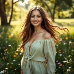 A confident and beautiful young woman standing in a lush green meadow surrounded by wildflowers, her clothes softly flowing in the wind, casting a serene and peaceful atmosphere