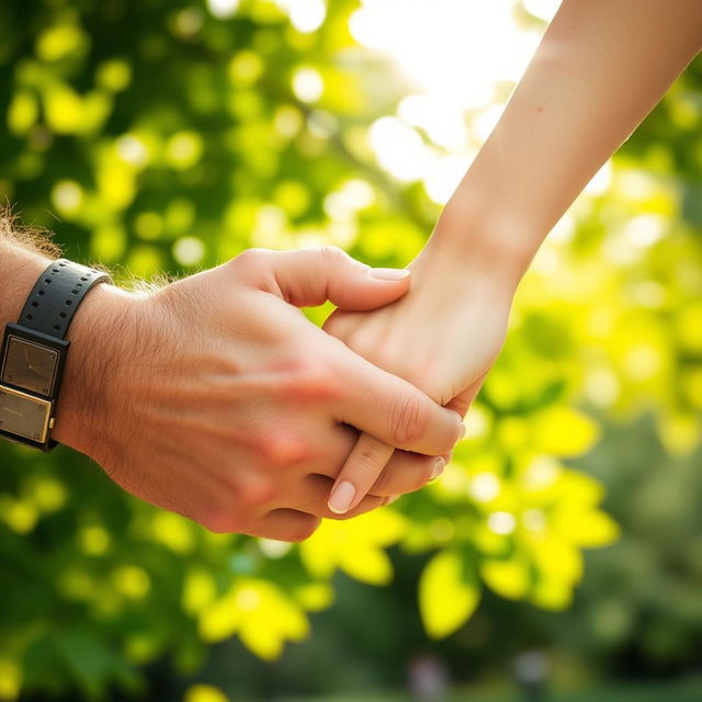 A close-up of two hands holding each other, one a strong man’s hand and the other a delicate woman's hand, set against a beautiful outdoor background