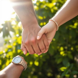 A close-up of two hands holding each other, one a strong man’s hand and the other a delicate woman's hand, set against a beautiful outdoor background