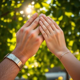 A close-up of two hands holding each other, one a strong man’s hand and the other a delicate woman's hand, set against a beautiful outdoor background