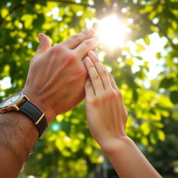 A close-up of two hands holding each other, one a strong man’s hand and the other a delicate woman's hand, set against a beautiful outdoor background