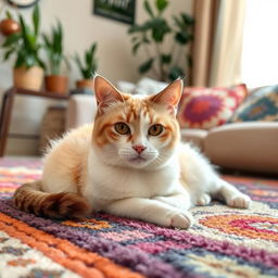 A charming white and brown Bangladeshi cat lounging comfortably on a soft, colorful rug