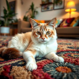A charming white and brown Bangladeshi cat lounging comfortably on a soft, colorful rug
