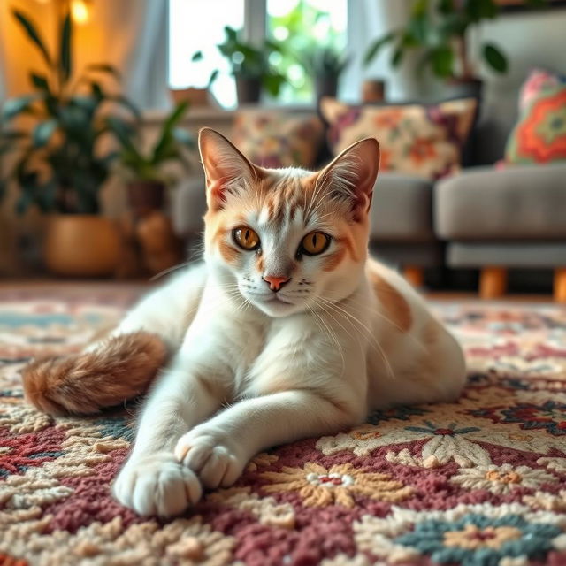 A charming white and brown Bangladeshi cat lounging comfortably on a soft, colorful rug