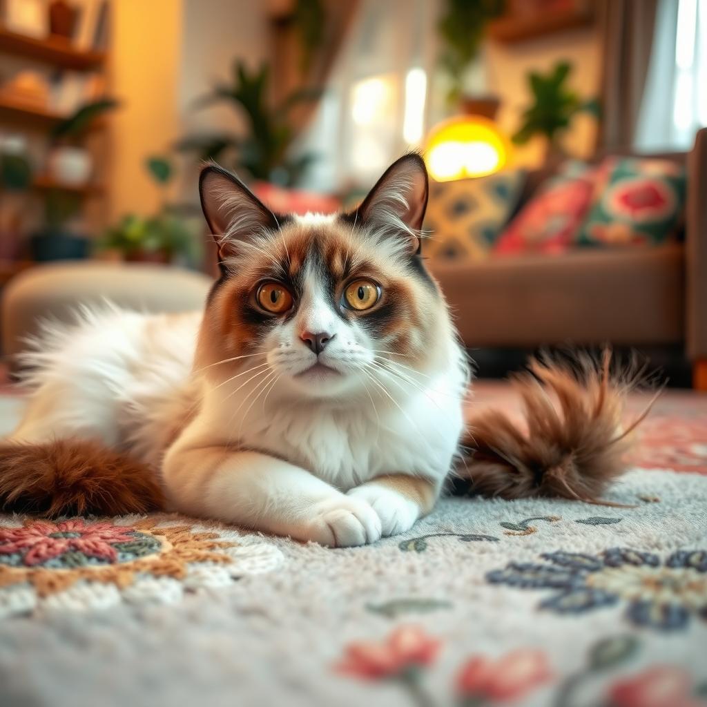 A charming white and brown Bangladeshi cat lounging comfortably on a soft, colorful rug