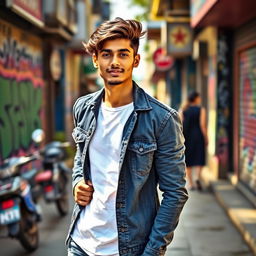 A stylish 20-year-old Indian male model posing confidently in a trendy urban setting