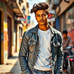 A stylish 20-year-old Indian male model posing confidently in a trendy urban setting