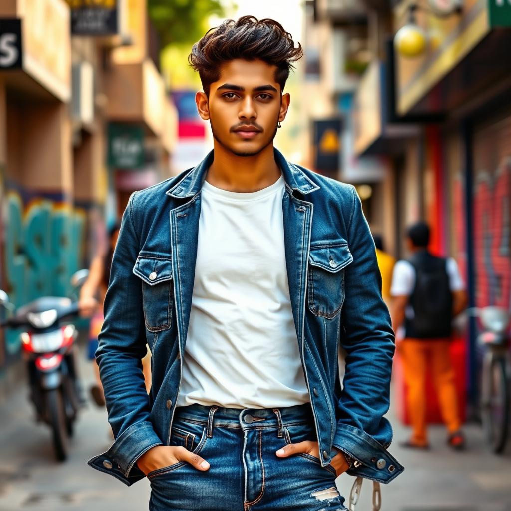 A stylish 20-year-old Indian male model posing confidently in a trendy urban setting