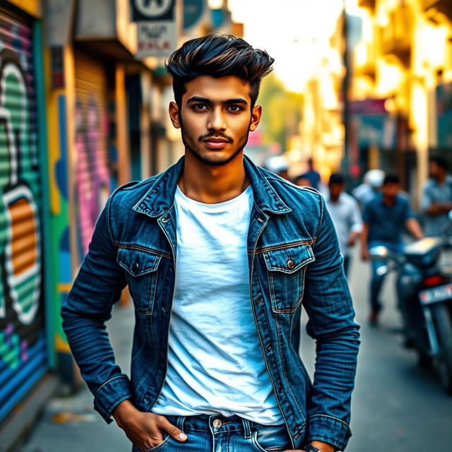 A stylish 20-year-old Indian male model posing confidently in a trendy urban setting