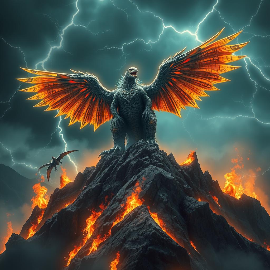 A hybrid Godzilla, merging the powerful form of the iconic creature with enormous, majestic eagle wings, stands triumphantly on a rugged mountain peak