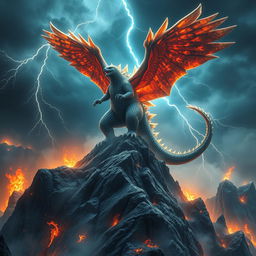 A hybrid Godzilla, merging the powerful form of the iconic creature with enormous, majestic eagle wings, stands triumphantly on a rugged mountain peak