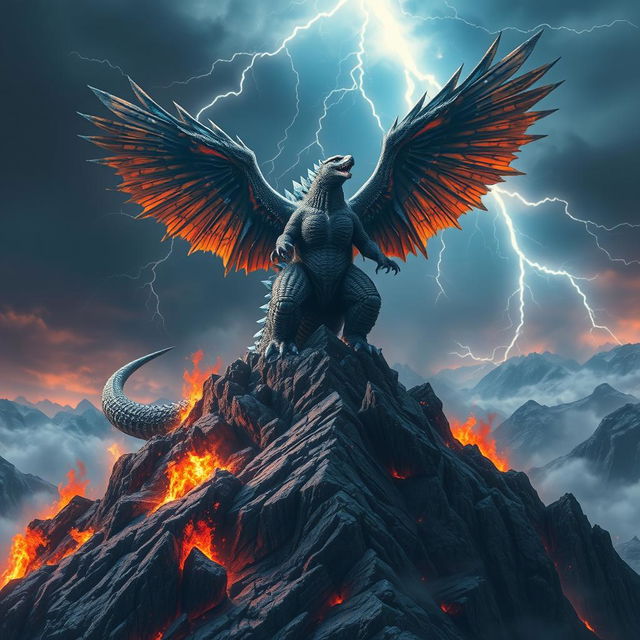 A hybrid Godzilla, merging the powerful form of the iconic creature with enormous, majestic eagle wings, stands triumphantly on a rugged mountain peak