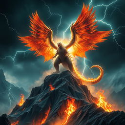 A hybrid Godzilla, merging the powerful form of the iconic creature with enormous, majestic eagle wings, stands triumphantly on a rugged mountain peak