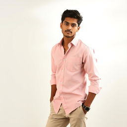 A stylish 20-year-old Indian male model posing in a light, airy background, showcasing contemporary fashion