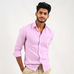 A stylish 20-year-old Indian male model posing in a light, airy background, showcasing contemporary fashion