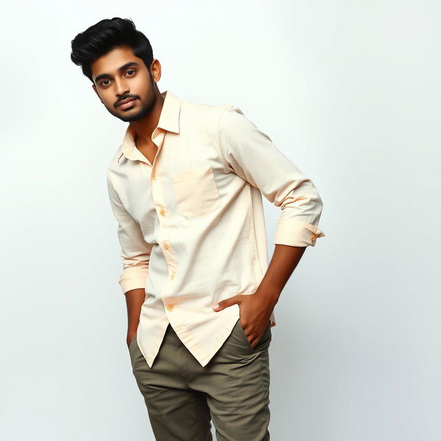 A stylish 20-year-old Indian male model posing in a light, airy background, showcasing contemporary fashion