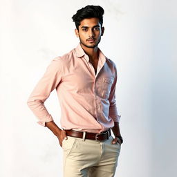 A stylish 20-year-old Indian male model posing in a light, airy background, showcasing contemporary fashion