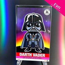 A Funko Pop collectible trading card featuring Darth Vader, designed with vibrant colors and stylized art