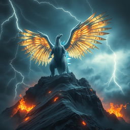 A hybrid Godzilla, combining the fearsome strength of the iconic beast with enormous, majestic eagle wings, stands triumphantly on a jagged mountain peak