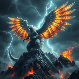 A hybrid Godzilla, combining the fearsome strength of the iconic beast with enormous, majestic eagle wings, stands triumphantly on a jagged mountain peak