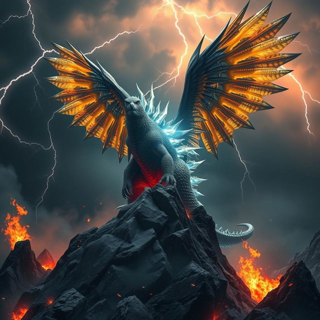 A hybrid Godzilla, combining the fearsome strength of the iconic beast with enormous, majestic eagle wings, stands triumphantly on a jagged mountain peak