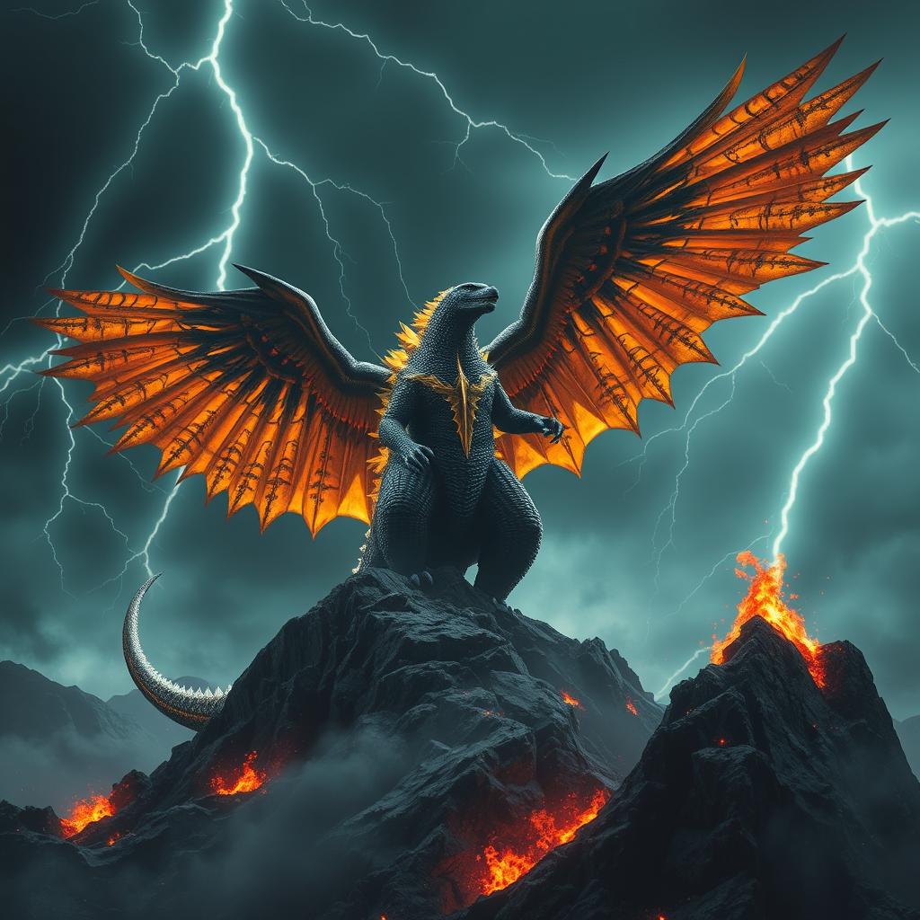 A hybrid Godzilla, combining the fearsome strength of the iconic beast with enormous, majestic eagle wings, stands triumphantly on a jagged mountain peak