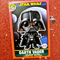 A vibrant trading card featuring a Funko Pop style Darth Vader