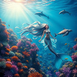 A fantastical underwater scene depicting a mystical mermaid with cascading, iridescent hair, gracefully swimming amidst colorful coral reefs teeming with vibrant fish