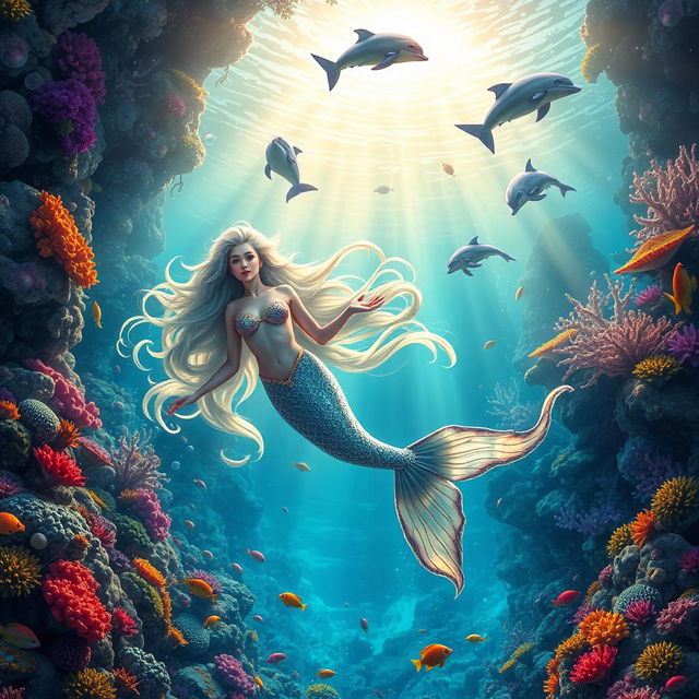 A fantastical underwater scene depicting a mystical mermaid with cascading, iridescent hair, gracefully swimming amidst colorful coral reefs teeming with vibrant fish