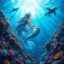 A fantastical underwater scene depicting a mystical mermaid with cascading, iridescent hair, gracefully swimming amidst colorful coral reefs teeming with vibrant fish