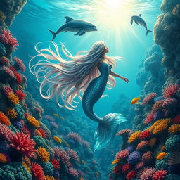 A fantastical underwater scene depicting a mystical mermaid with cascading, iridescent hair, gracefully swimming amidst colorful coral reefs teeming with vibrant fish