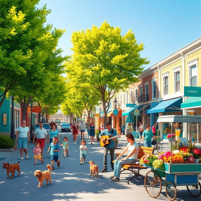 A vibrant street scene showcasing a variety of activities: people walking dogs, children playing with a ball, a street musician performing with a guitar, a couple sitting on a bench enjoying ice cream, and a vendor selling fresh flowers from a cart