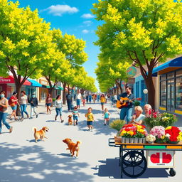 A vibrant street scene showcasing a variety of activities: people walking dogs, children playing with a ball, a street musician performing with a guitar, a couple sitting on a bench enjoying ice cream, and a vendor selling fresh flowers from a cart