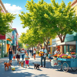 A vibrant street scene showcasing a variety of activities: people walking dogs, children playing with a ball, a street musician performing with a guitar, a couple sitting on a bench enjoying ice cream, and a vendor selling fresh flowers from a cart