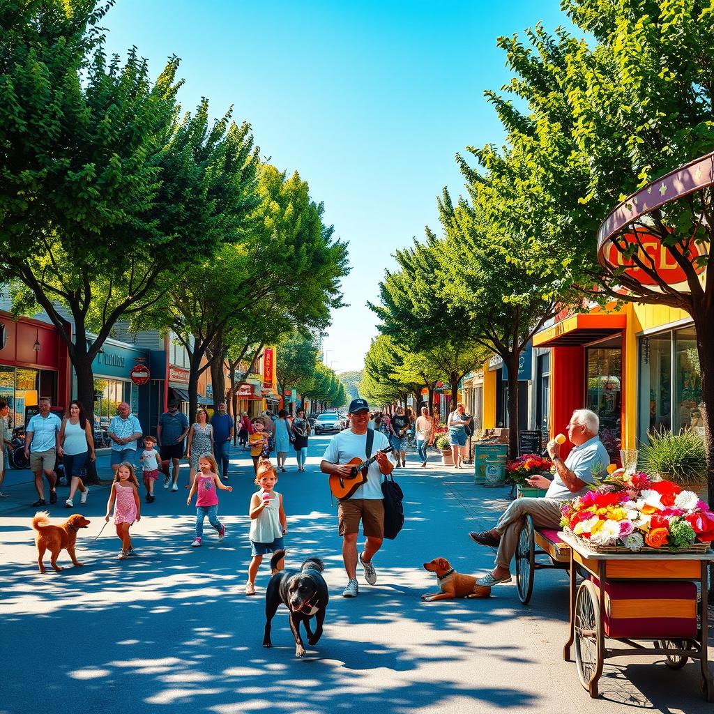 A vibrant street scene showcasing a variety of activities: people walking dogs, children playing with a ball, a street musician performing with a guitar, a couple sitting on a bench enjoying ice cream, and a vendor selling fresh flowers from a cart