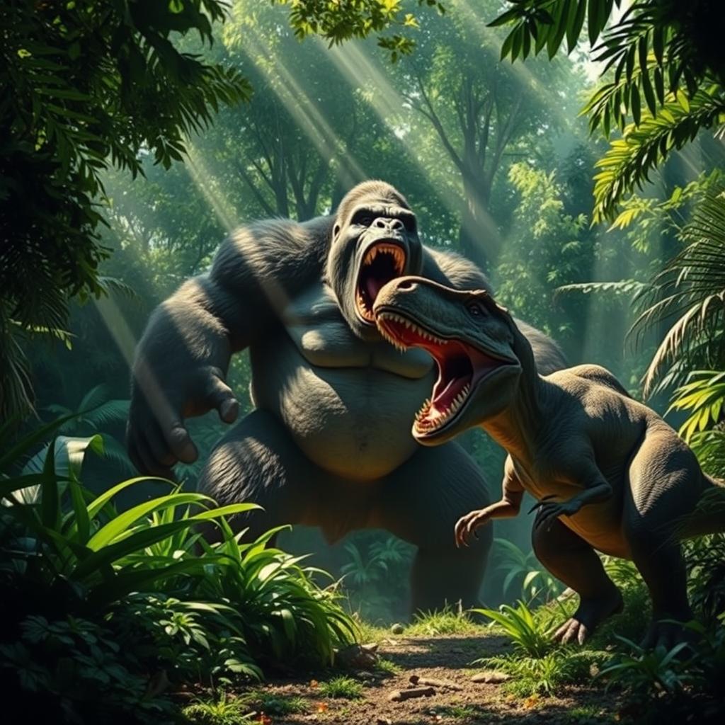 A massive Kong stands in a lush jungle clearing, roaring with ferocity as it faces off against a charging T-Rex