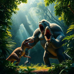 A massive Kong stands in a lush jungle clearing, roaring with ferocity as it faces off against a charging T-Rex