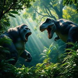 A massive Kong stands in a lush jungle clearing, roaring with ferocity as it faces off against a charging T-Rex
