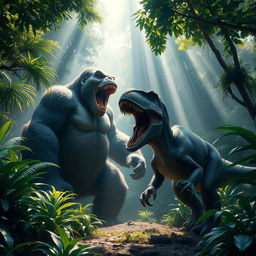 A massive Kong stands in a lush jungle clearing, roaring with ferocity as it faces off against a charging T-Rex