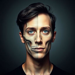 A striking, artistic portrait featuring a person with half of their face in human form and the other half as a detailed, realistic skeleton