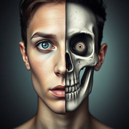 A striking, artistic portrait featuring a person with half of their face in human form and the other half as a detailed, realistic skeleton