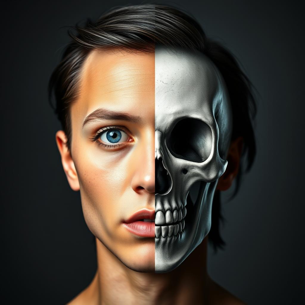 A striking, artistic portrait featuring a person with half of their face in human form and the other half as a detailed, realistic skeleton